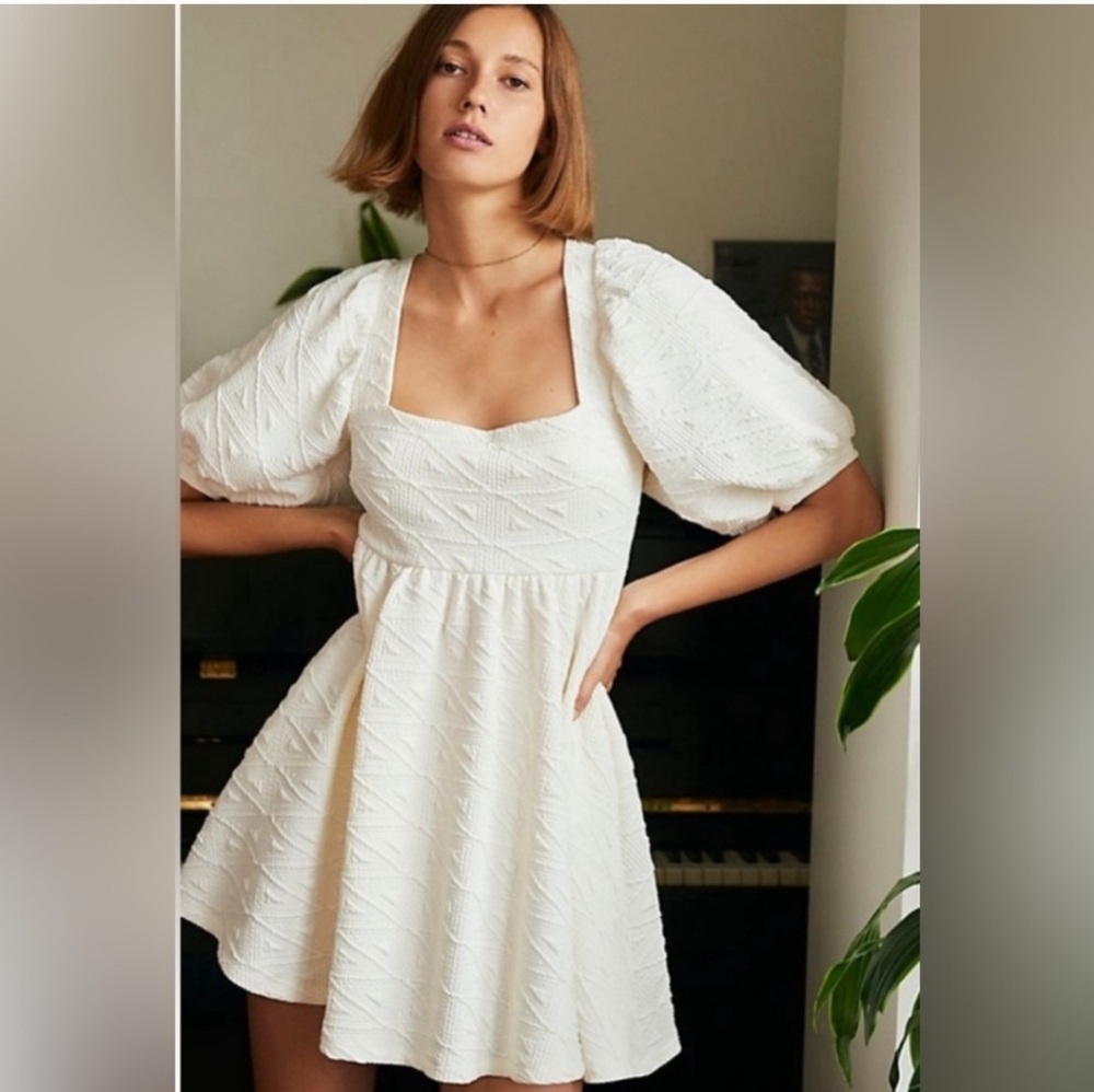 FREE PEOPLE Violet Mini-dress Ivory Square Neck Puff Sleeves Open Back w/tie XS